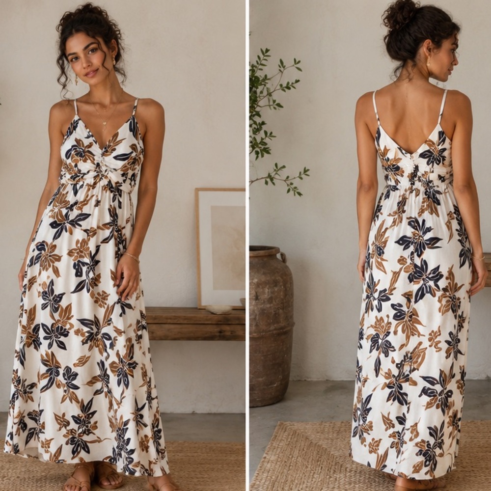White House Black Market Cream Maxi Dress with Black & Tan Floral Print
